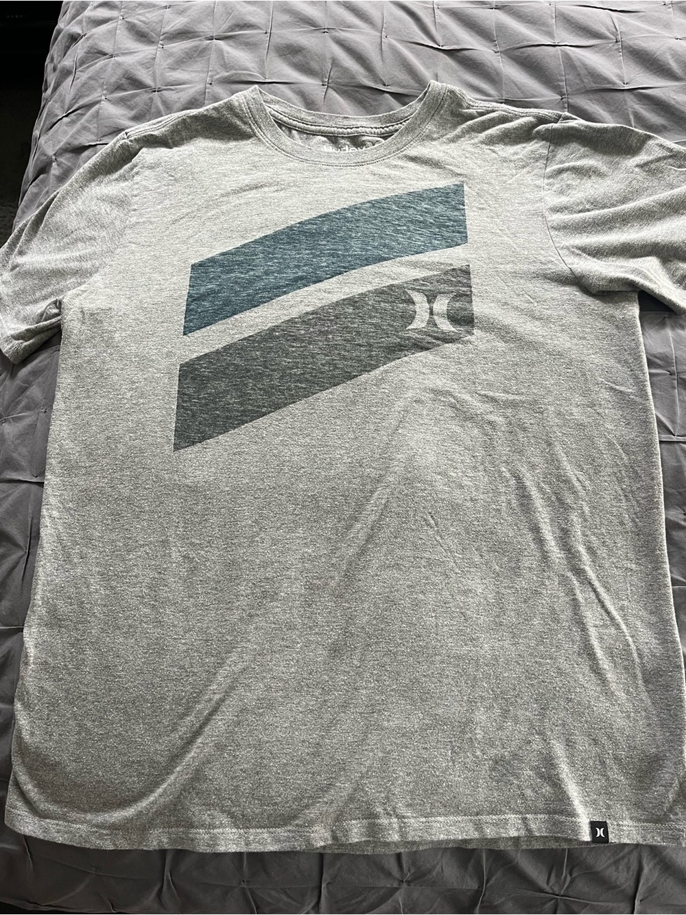 Hurley Heather Gray Short Sleeve Tee with Blue and Dark Gray Graphic
